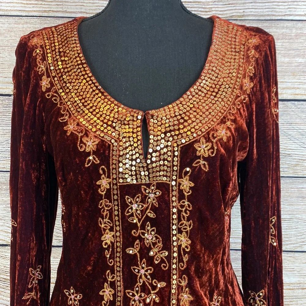 Rust Red Sequin Velvet Keyhole Blouse - Picture 3 of 5
